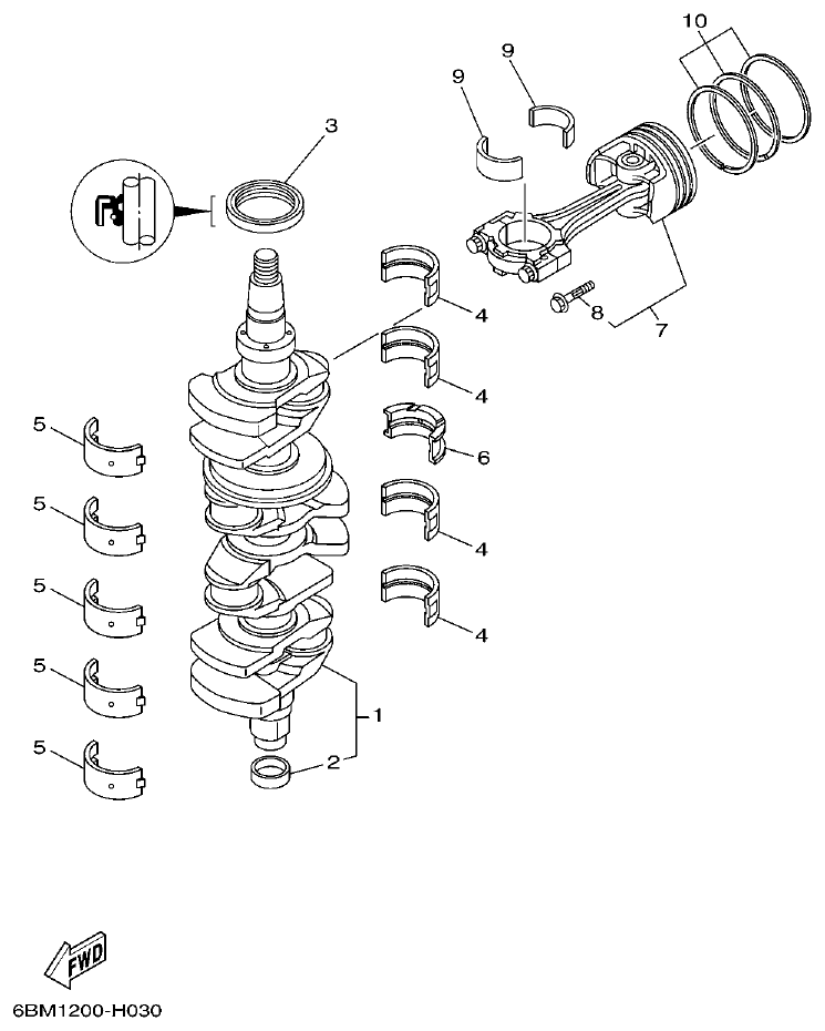 Yamaha F150BET, FL150BET CRANKSHAFT & PISTON parts diagram